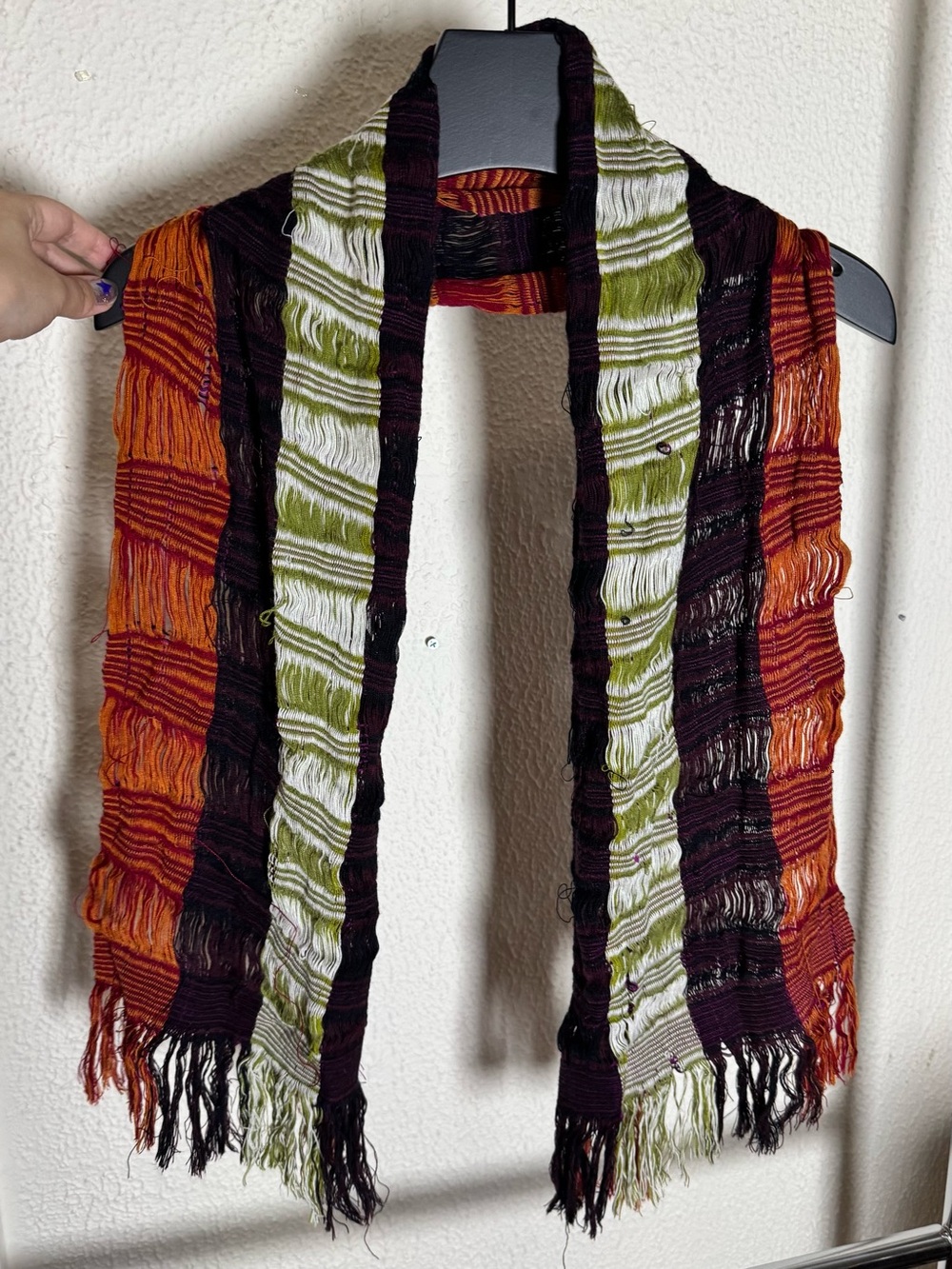 Multicolor Open Weave Ladder Knit Fringe Scarf